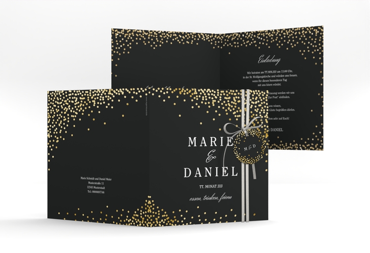 Hochzeitseinladung Glitter quadr. Klappkarte schwarz gold