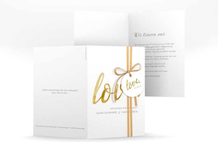 Einladungskarte Hochzeit Glam A6 Klappkarte hoch weiss gold