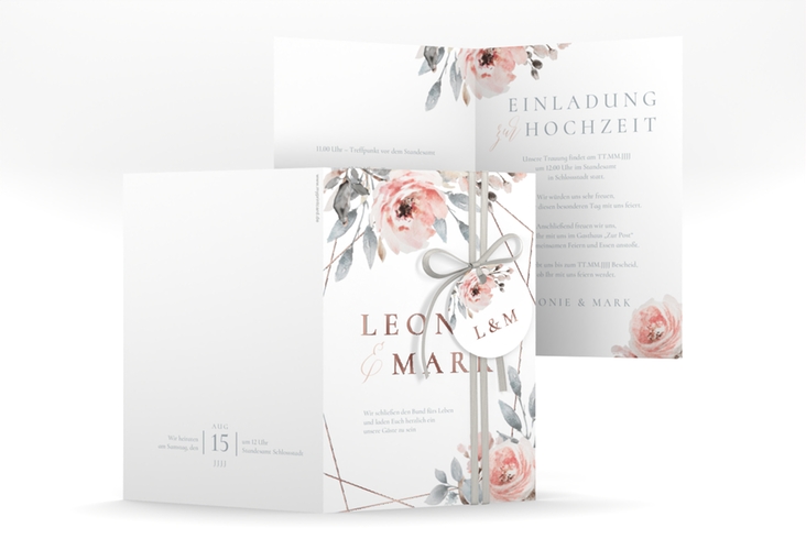 Einladungskarte Hochzeit Perfection A6 Klappkarte hoch weiss rosegold mit rosa Rosen