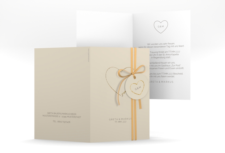 Einladungskarte Hochzeit Lebenstraum A6 Klappkarte hoch beige gold