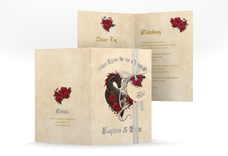 Einladungskarte Hochzeit Drachenliebe A6 Klappkarte hoch beige silber mit schwarzem und weißem Drachen zu einem Herz verschlungen