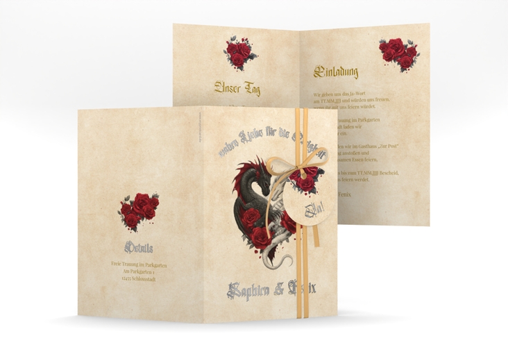 Einladungskarte Hochzeit Drachenliebe A6 Klappkarte hoch beige silber mit schwarzem und weißem Drachen zu einem Herz verschlungen