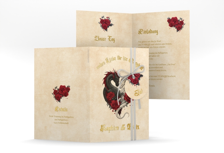 Einladungskarte Hochzeit Drachenliebe A6 Klappkarte hoch beige gold mit schwarzem und weißem Drachen zu einem Herz verschlungen