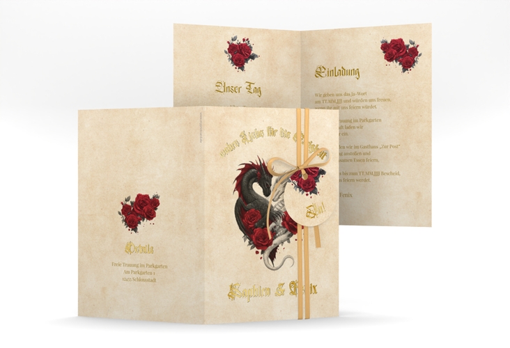 Einladungskarte Hochzeit Drachenliebe A6 Klappkarte hoch beige gold mit schwarzem und weißem Drachen zu einem Herz verschlungen