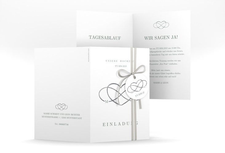 Einladungskarte Hochzeit Infinity A6 Klappkarte hoch gruen silber