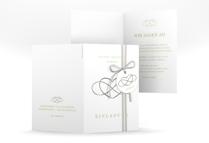 Einladungskarte Hochzeit Infinity A6 Klappkarte hoch gruen silber
