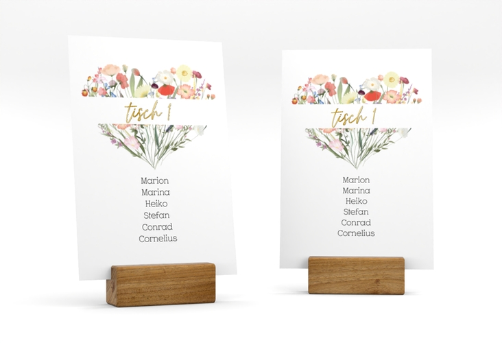 Tischaufsteller Hochzeit Wildblumenherz Tischaufsteller bunt gold