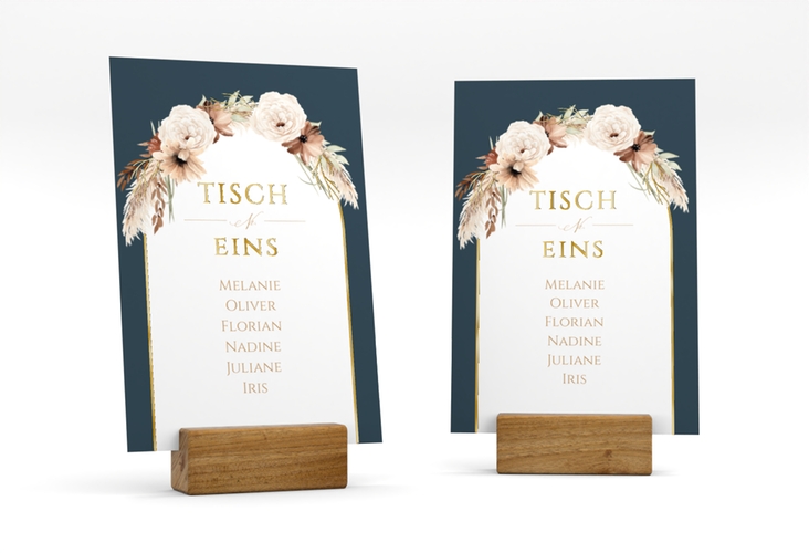Tischaufsteller Hochzeit Blumenbogen Tischaufsteller blau gold