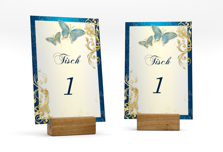 Tischnummer Hochzeit Toulouse Tischaufsteller blau gold