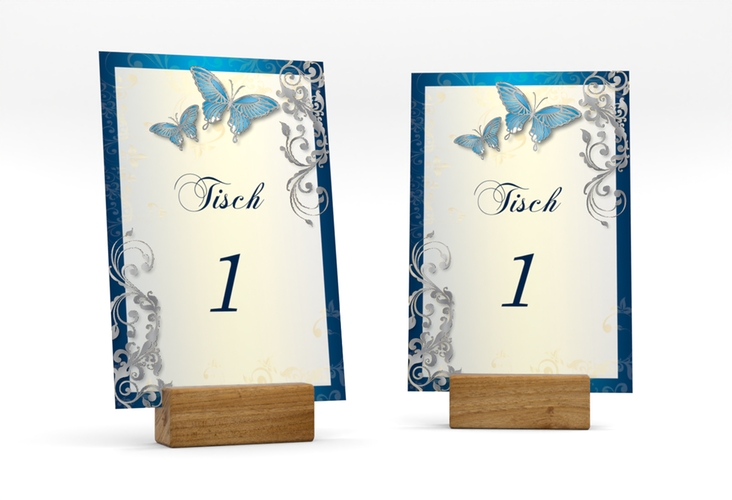 Tischnummer Hochzeit Toulouse Tischaufsteller blau silber