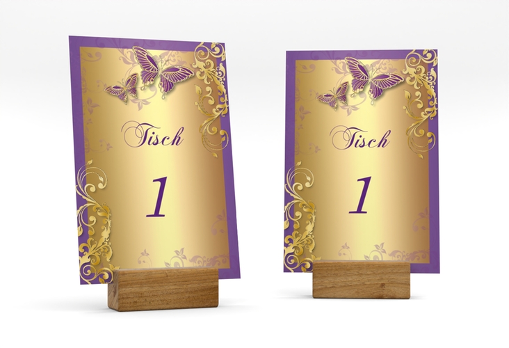 Tischnummer Hochzeit Toulouse Tischaufsteller lila gold