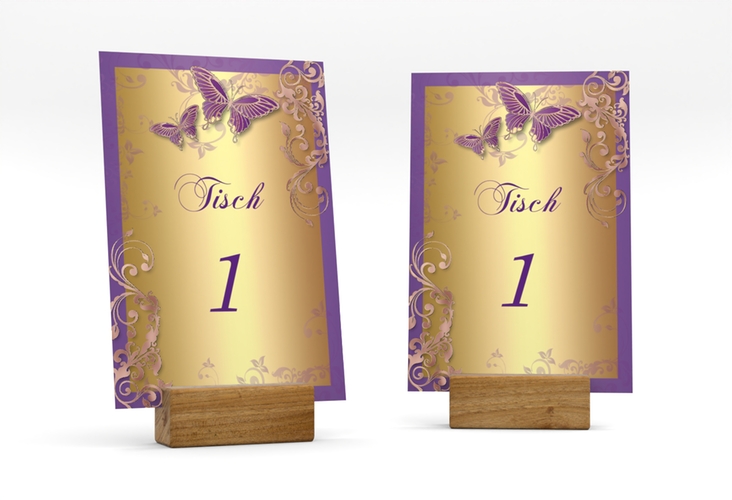 Tischnummer Hochzeit Toulouse Tischaufsteller lila rosegold