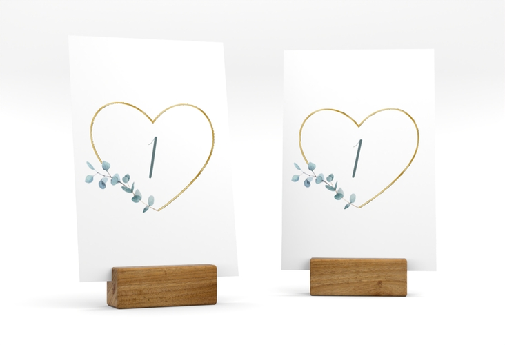Tischnummer Hochzeit Greenheart Tischaufsteller grau gold mit elegantem Herz und Eukalyptus-Zweig
