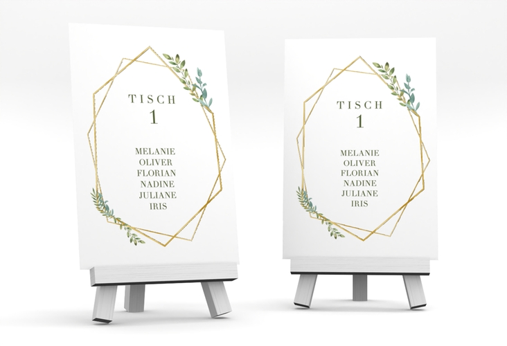 Tischaufsteller Hochzeit Herbarium Tischaufsteller gold gold mit geometrischem Rahmen und Blätter-Dekor
