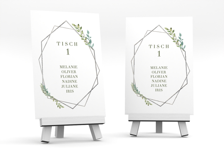 Tischaufsteller Hochzeit Herbarium Tischaufsteller gold silber mit geometrischem Rahmen und Blätter-Dekor