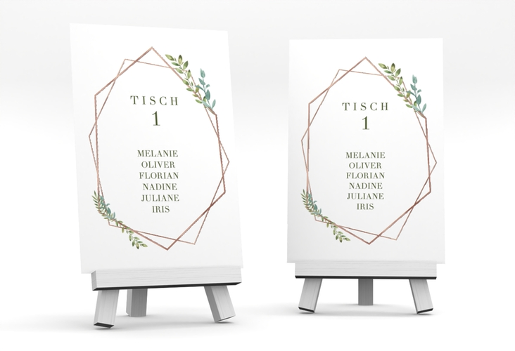 Tischaufsteller Hochzeit Herbarium Tischaufsteller gold rosegold mit geometrischem Rahmen und Blätter-Dekor