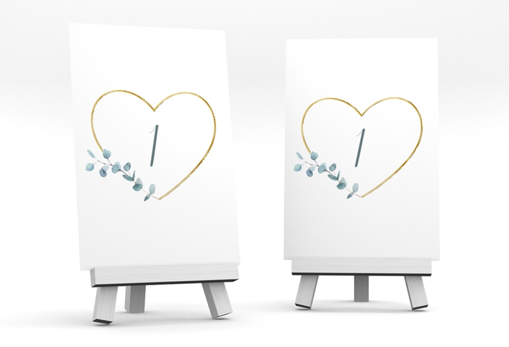 Tischnummer Hochzeit Greenheart Tischaufsteller gold gold mit elegantem Herz und Eukalyptus-Zweig