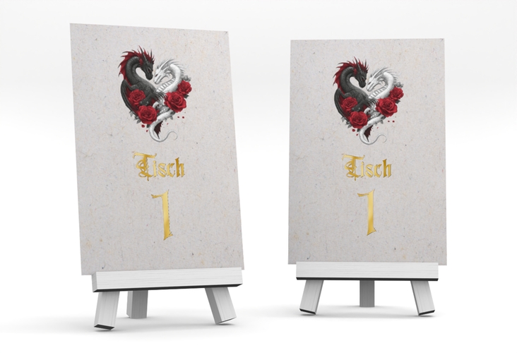 Tischnummer Hochzeit Drachenliebe Tischaufsteller grau gold mit schwarzem und weißem Drachen zu einem Herz verschlungen