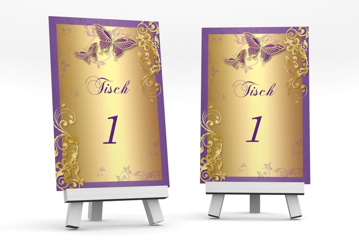 Tischnummer Hochzeit Toulouse Tischaufsteller lila gold