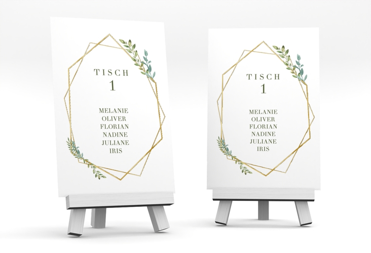 Tischaufsteller Hochzeit Herbarium Tischaufsteller grau gold mit geometrischem Rahmen und Blätter-Dekor