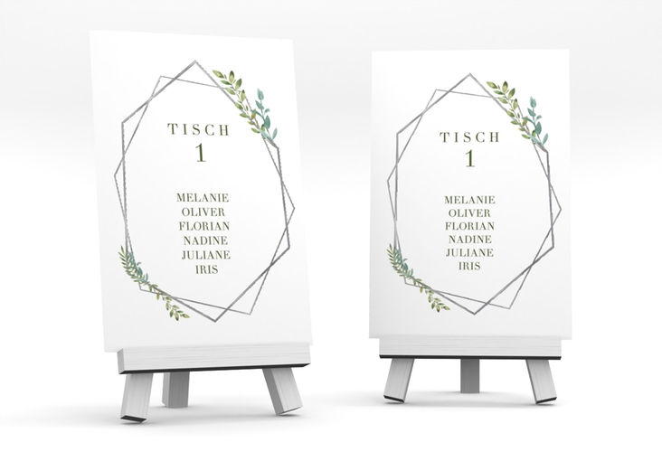 Tischaufsteller Hochzeit Herbarium Tischaufsteller grau silber mit geometrischem Rahmen und Blätter-Dekor