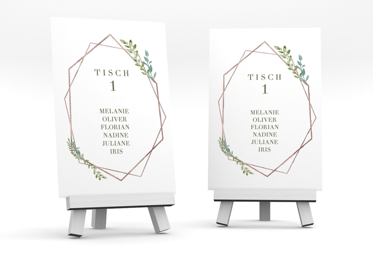 Tischaufsteller Hochzeit Herbarium Tischaufsteller grau rosegold mit geometrischem Rahmen und Blätter-Dekor