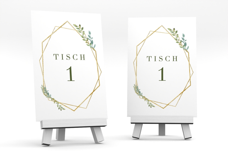 Tischnummer Hochzeit Herbarium Tischaufsteller gold gold mit geometrischem Rahmen und Blätter-Dekor
