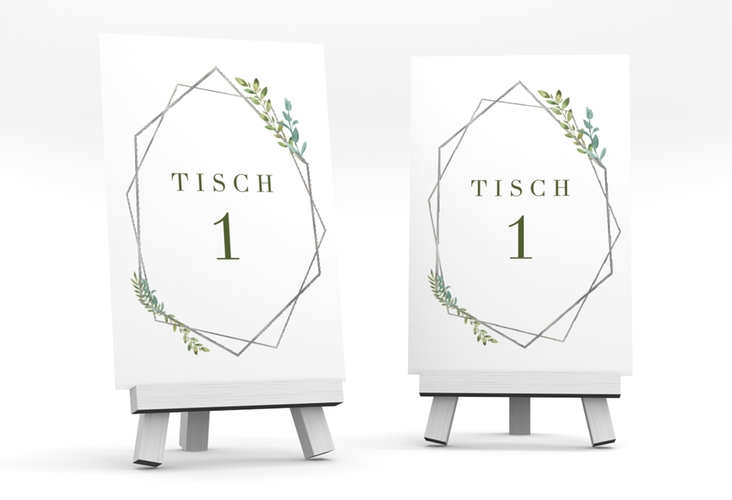Tischnummer Hochzeit Herbarium Tischaufsteller gold silber mit geometrischem Rahmen und Blätter-Dekor