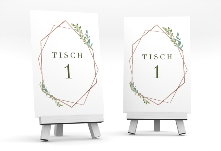 Tischnummer Hochzeit Herbarium Tischaufsteller gold rosegold mit geometrischem Rahmen und Blätter-Dekor