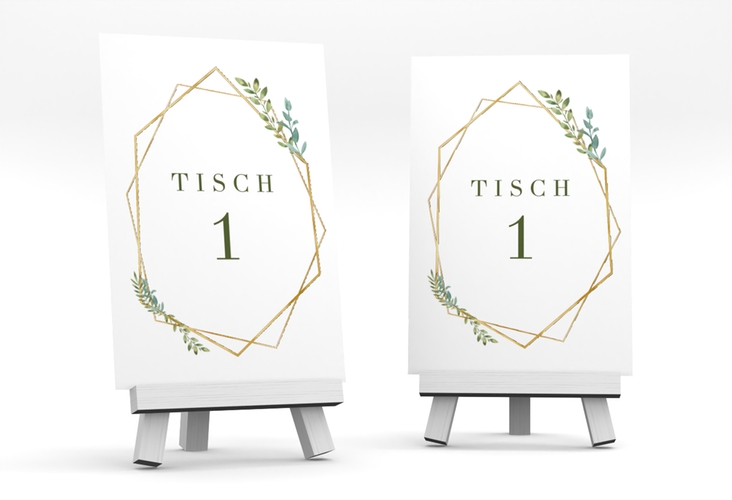 Tischnummer Hochzeit Herbarium Tischaufsteller rosa gold mit geometrischem Rahmen und Blätter-Dekor