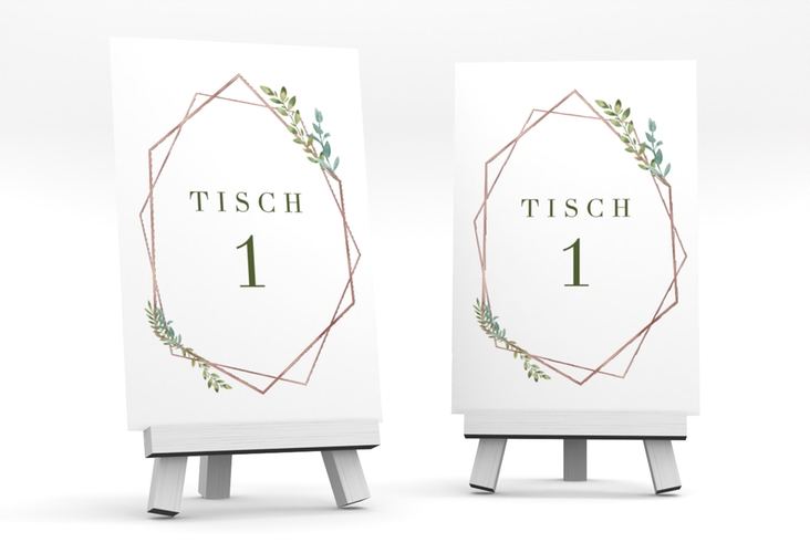 Tischnummer Hochzeit Herbarium Tischaufsteller rosa rosegold mit geometrischem Rahmen und Blätter-Dekor