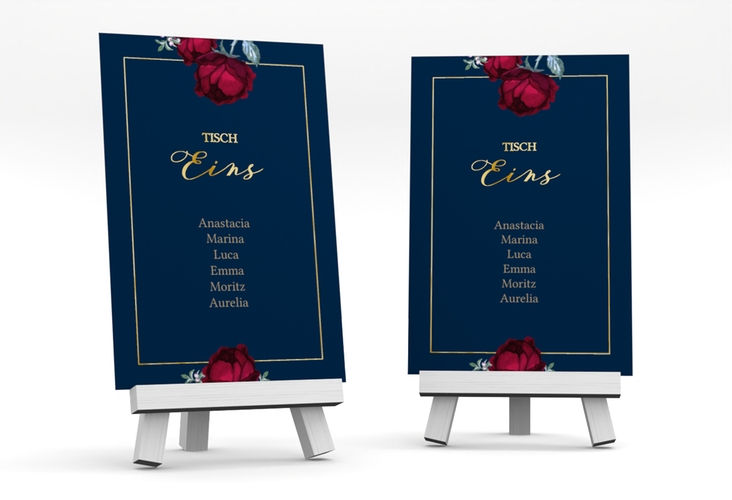 Tischaufsteller Hochzeit Peonies Tischaufsteller blau gold elegant mit Pfingstrosen