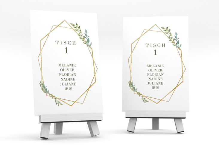 Tischaufsteller Hochzeit Herbarium Tischaufsteller rosa gold mit geometrischem Rahmen und Blätter-Dekor