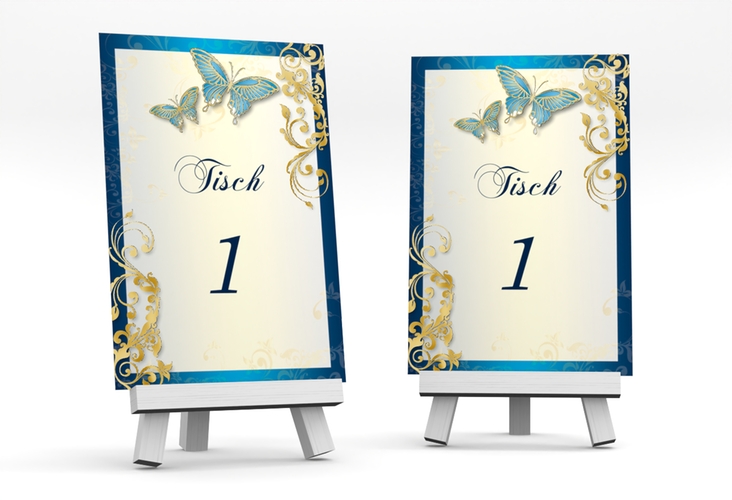 Tischnummer Hochzeit Toulouse Tischaufsteller blau gold