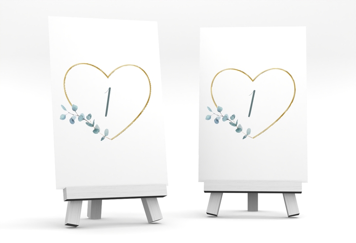 Tischnummer Hochzeit Greenheart Tischaufsteller grau gold mit elegantem Herz und Eukalyptus-Zweig