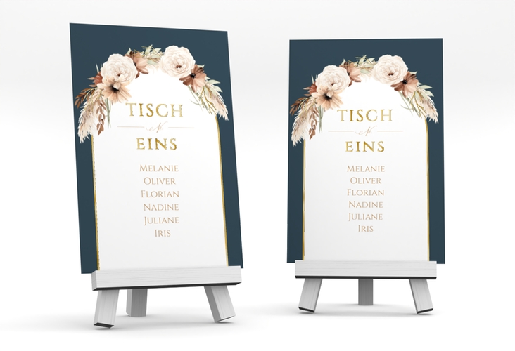Tischaufsteller Hochzeit Blumenbogen Tischaufsteller blau gold