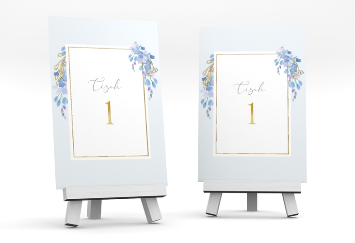 Tischnummer Hochzeit Blauregen Tischaufsteller blau gold mit Wisteria-Blüten