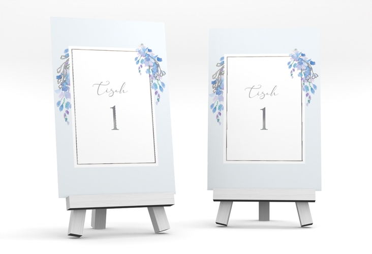 Tischnummer Hochzeit Blauregen Tischaufsteller blau silber mit Wisteria-Blüten