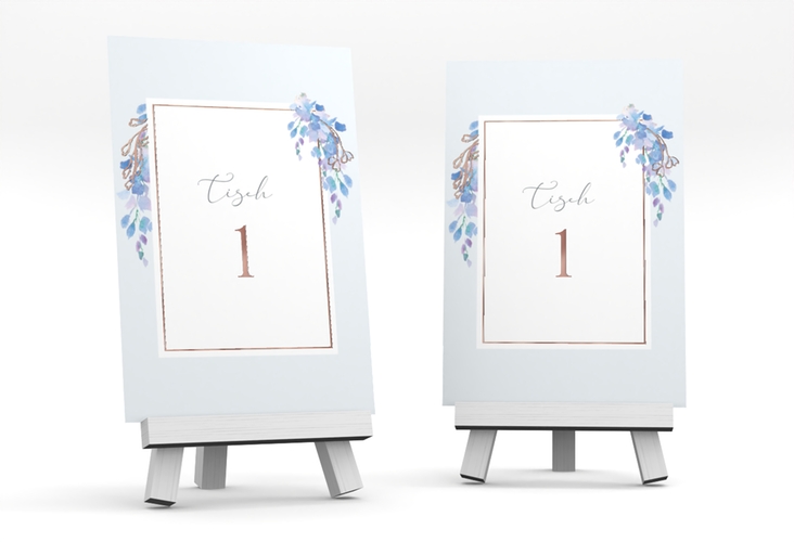 Tischnummer Hochzeit Blauregen Tischaufsteller blau rosegold mit Wisteria-Blüten