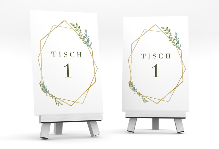 Tischnummer Hochzeit Herbarium Tischaufsteller grau gold mit geometrischem Rahmen und Blätter-Dekor