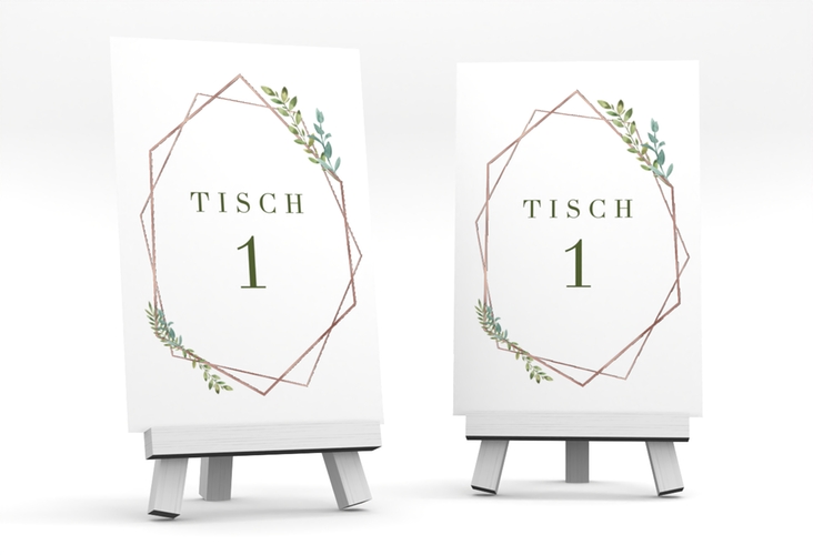Tischnummer Hochzeit Herbarium Tischaufsteller grau rosegold mit geometrischem Rahmen und Blätter-Dekor