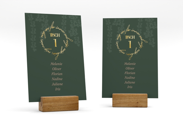 Tischaufsteller Hochzeit Efeugrün Tischaufsteller gruen gold im Fantasy-Elfen-Design mit Efeu