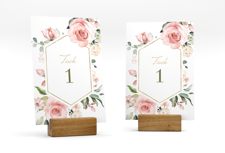 Tischnummer Hochzeit Graceful Tischaufsteller weiss gold mit Rosenblüten in Rosa und Weiß