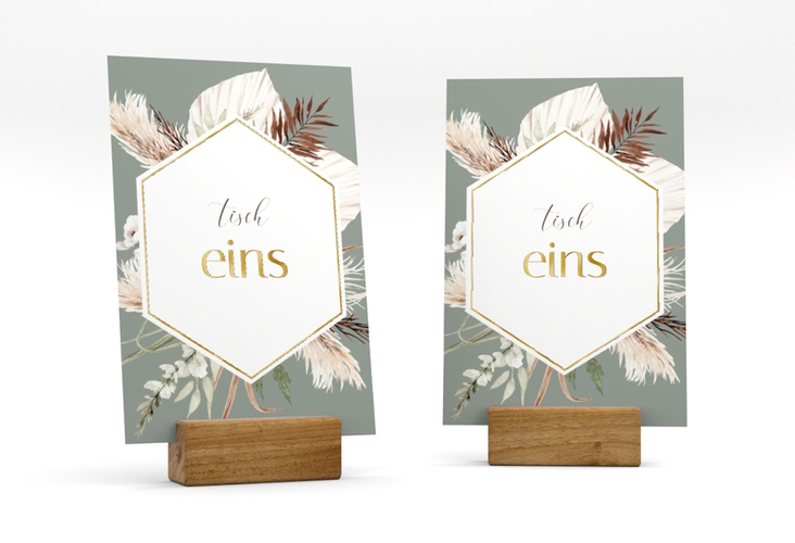 Tischnummer Hochzeit Bohemian Tischaufsteller gruen gold