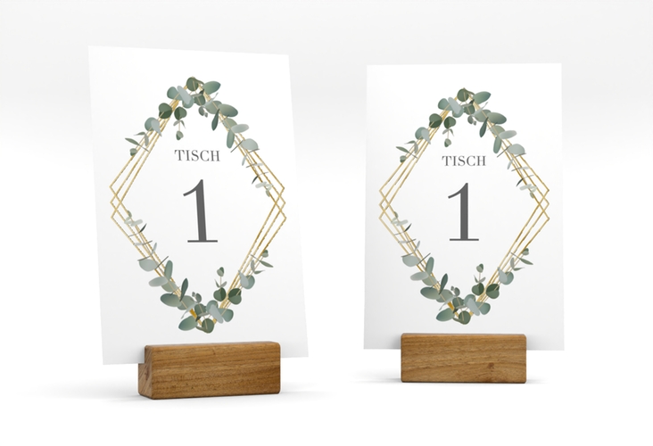 Tischnummer Hochzeit Eukalyptus Tischaufsteller weiss gold