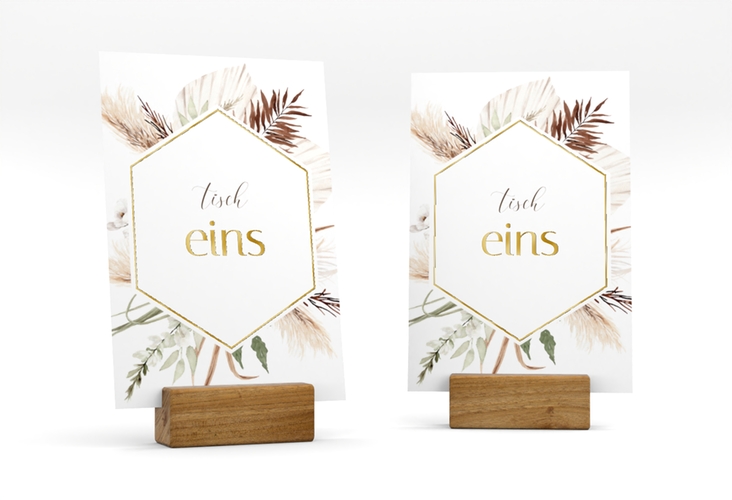 Tischnummer Hochzeit Bohemian Tischaufsteller weiss gold