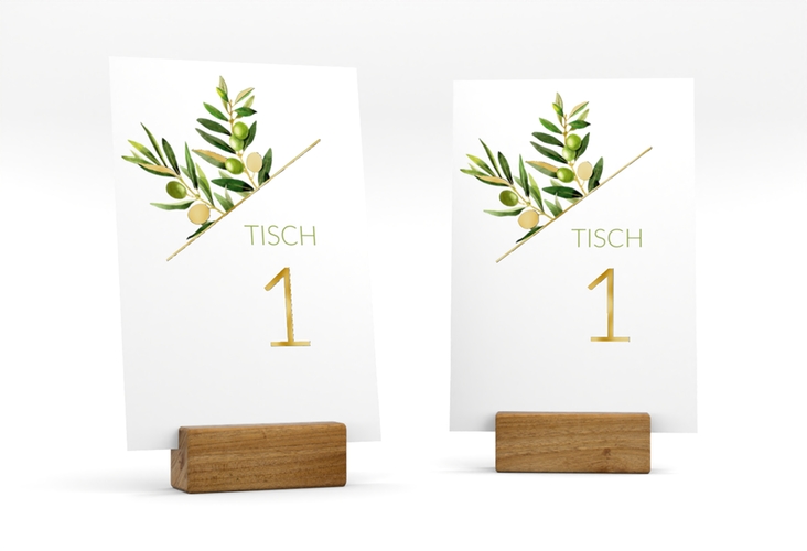 Tischnummer Hochzeit Olivenzweig Tischaufsteller weiss gold