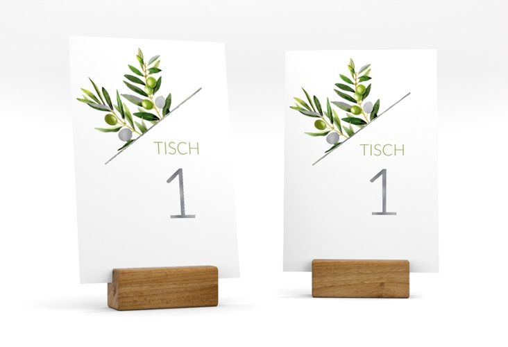 Tischnummer Hochzeit Olivenzweig Tischaufsteller weiss silber