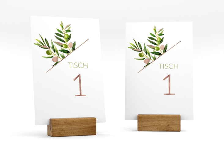 Tischnummer Hochzeit Olivenzweig Tischaufsteller weiss rosegold