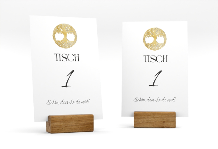 Tischnummer Hochzeit Lebensbaum Tischaufsteller weiss gold im Stil der Kelten und Wikinger